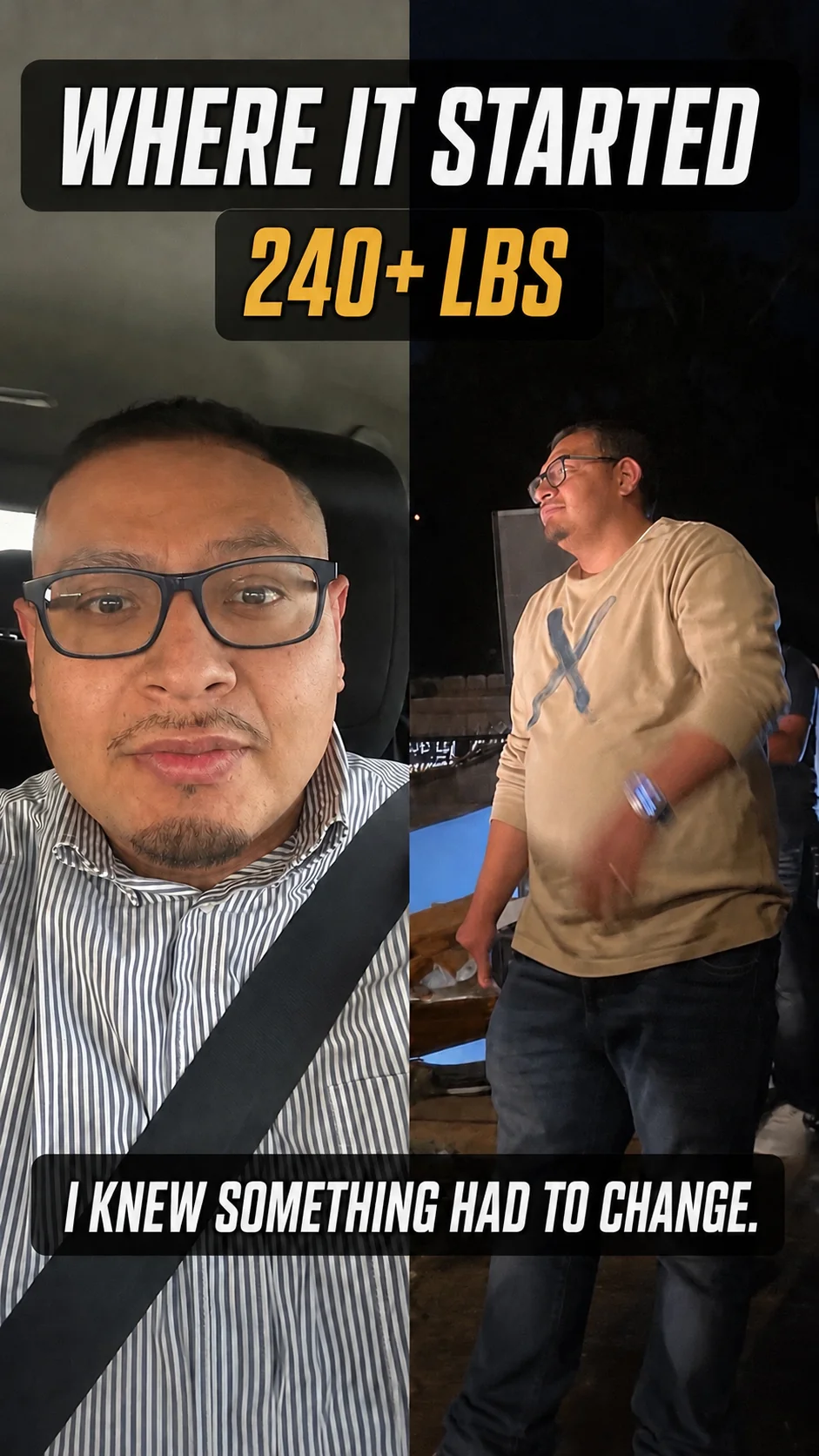 Cristian at the beginning of his fitness journey, in his provided before-photo collage