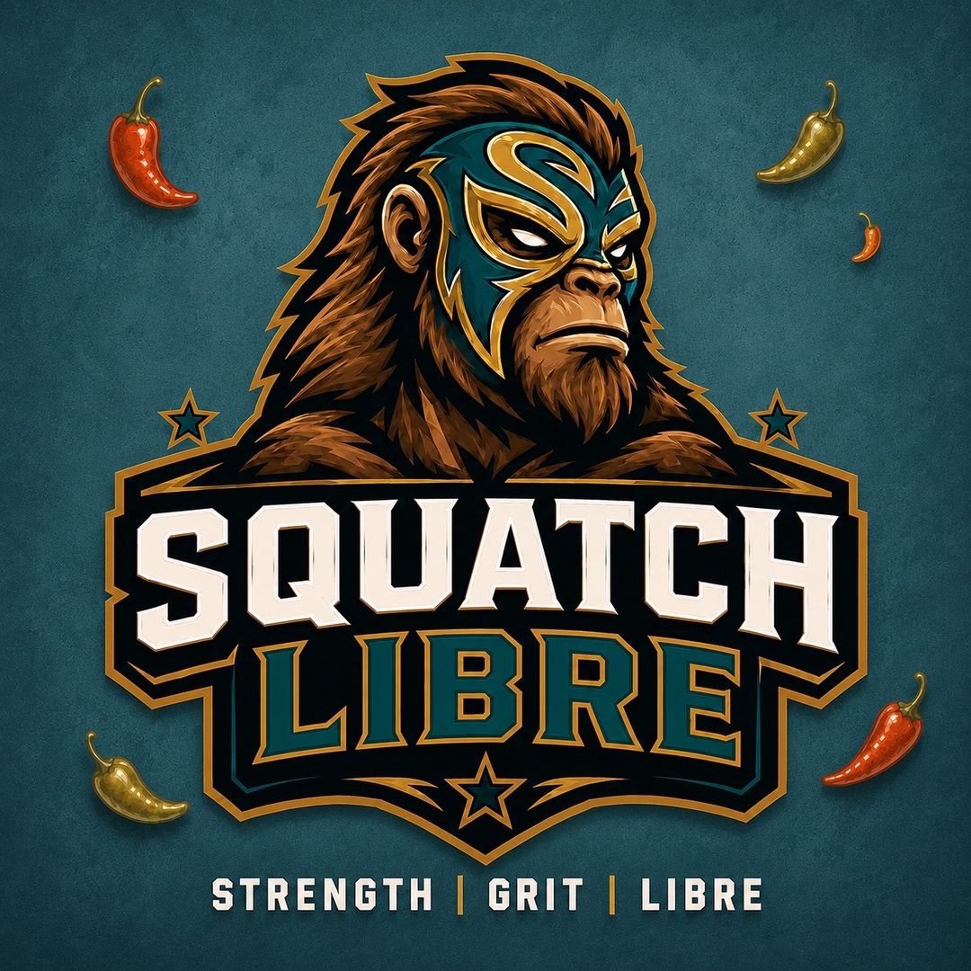 Squatch Libre's gold and teal masked Sasquatch emblem